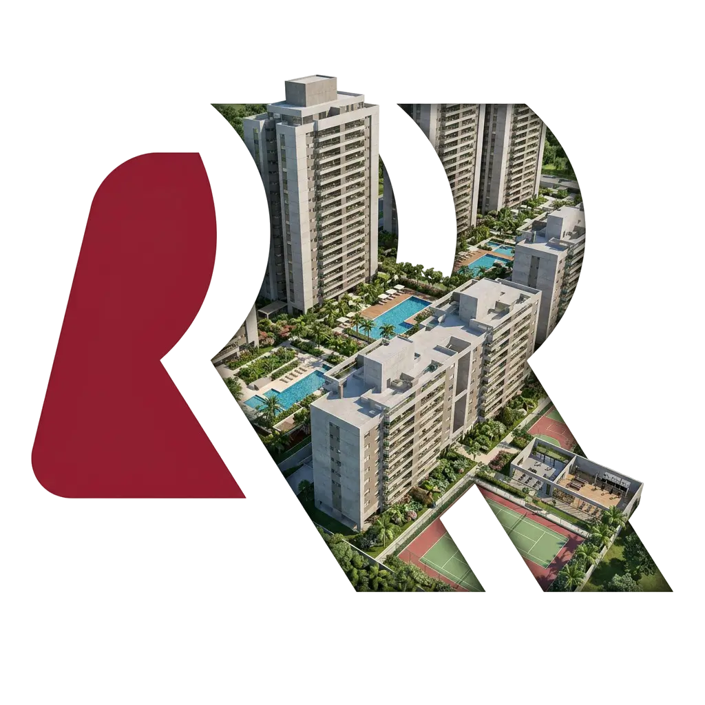 Logo da RR Costa Empreendimentos mesclada com um empreendimento
